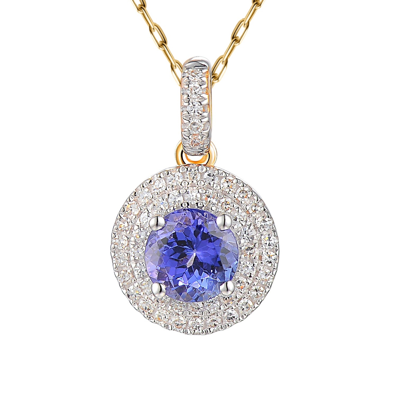 Zawieszka z żółtego złota z tanzanitem w szlifie okrągłym i diamentami (P79583 Y T)