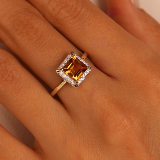 Pierścionek z żółtego złota z cytrynem w szlifie kwadratowym i diamentami (R77951 Y CT): 15