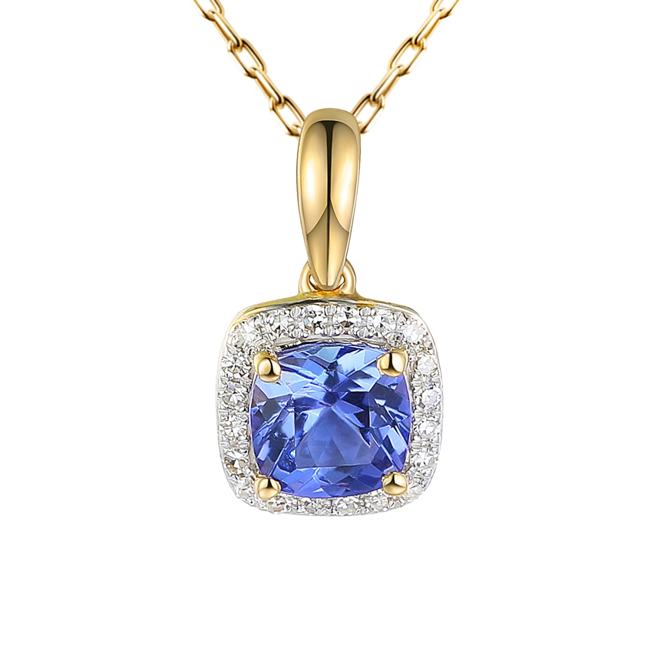Zawieszka z żółtego złota z tanzanitem w szlifie cushion i diamentami (P58266 Y T)