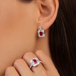 Kolczyki z dwukolorowego złota z rubinami w szlifie szmaragdowym i diamentami (E102442 YW A RU) - zdjęcie: 3