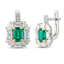 Kolczyki z dwukolorowego złota ze szmaragdami w szlifie emerald i diamentami (E102442 YW A EM) - zdjęcie: 2