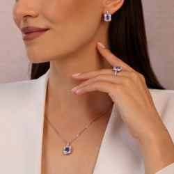 Zawieszka z dwukolorowego złota z tanzanitem w szlifie szmaragdowym i diamentami o różnych szlifach (P102442 YW T) - zdjęcie: 5
