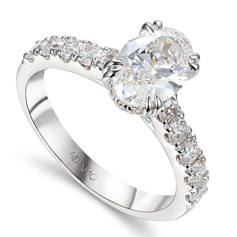 Pierścionek z białego złota z diamentem laboratoryjnym w szlifie owalnym z brylantami na szynie - 1,50 ct (R95422 W LGD 1,52ct)