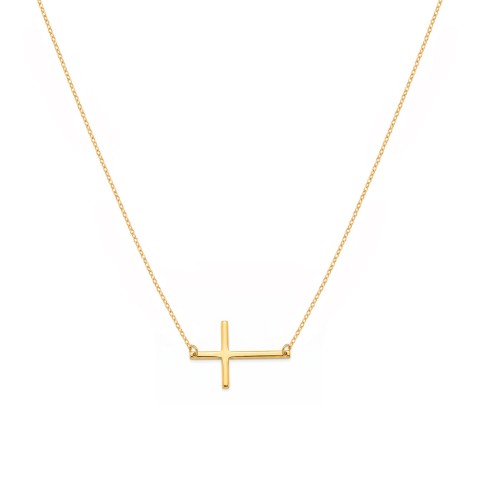 Naszyjnik z żółtego złota - 45 cm - poprzeczny krzyżyk - cienki (N25198 Y)