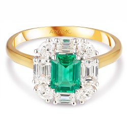 Pierścionek z dwukolorowego złota ze szmaragdem w szlifie emerald i diamentami (R103828 YW EM): 10 - zdjęcie: 4