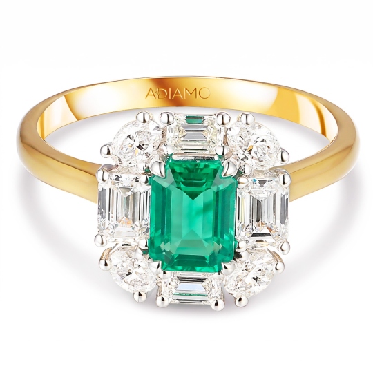 Pierścionek z dwukolorowego złota ze szmaragdem w szlifie emerald i diamentami (R103828 YW EM): 10