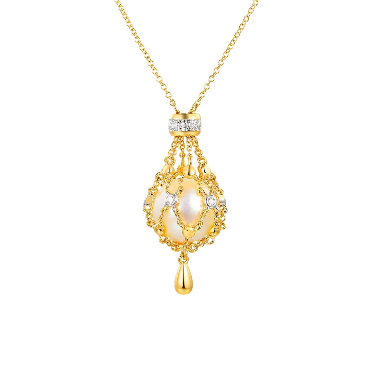 Naszyjnik z żółtego złota - koszyczek z perłą i diamentami - 42 cm (N13364 Y C PL)