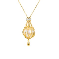Naszyjnik z żółtego złota - koszyczek z perłą i diamentami - 42 cm (N13364 Y C PL)