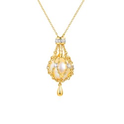 Naszyjnik z żółtego złota - koszyczek z perłą i diamentami - 42 cm (N13364 Y C PL) - zdjęcie: 2