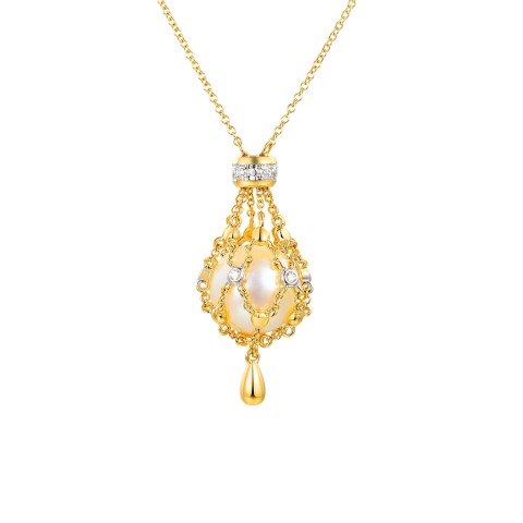 Naszyjnik z żółtego złota - koszyczek z perłą i diamentami - 42 cm (N13364 Y C PL)